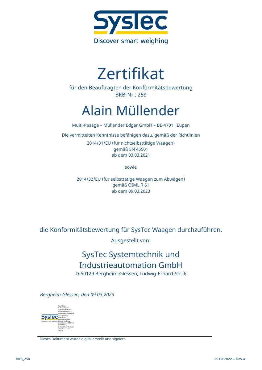 Certificaat BKB-nr. 258 van SysTec voor Alain Müllender