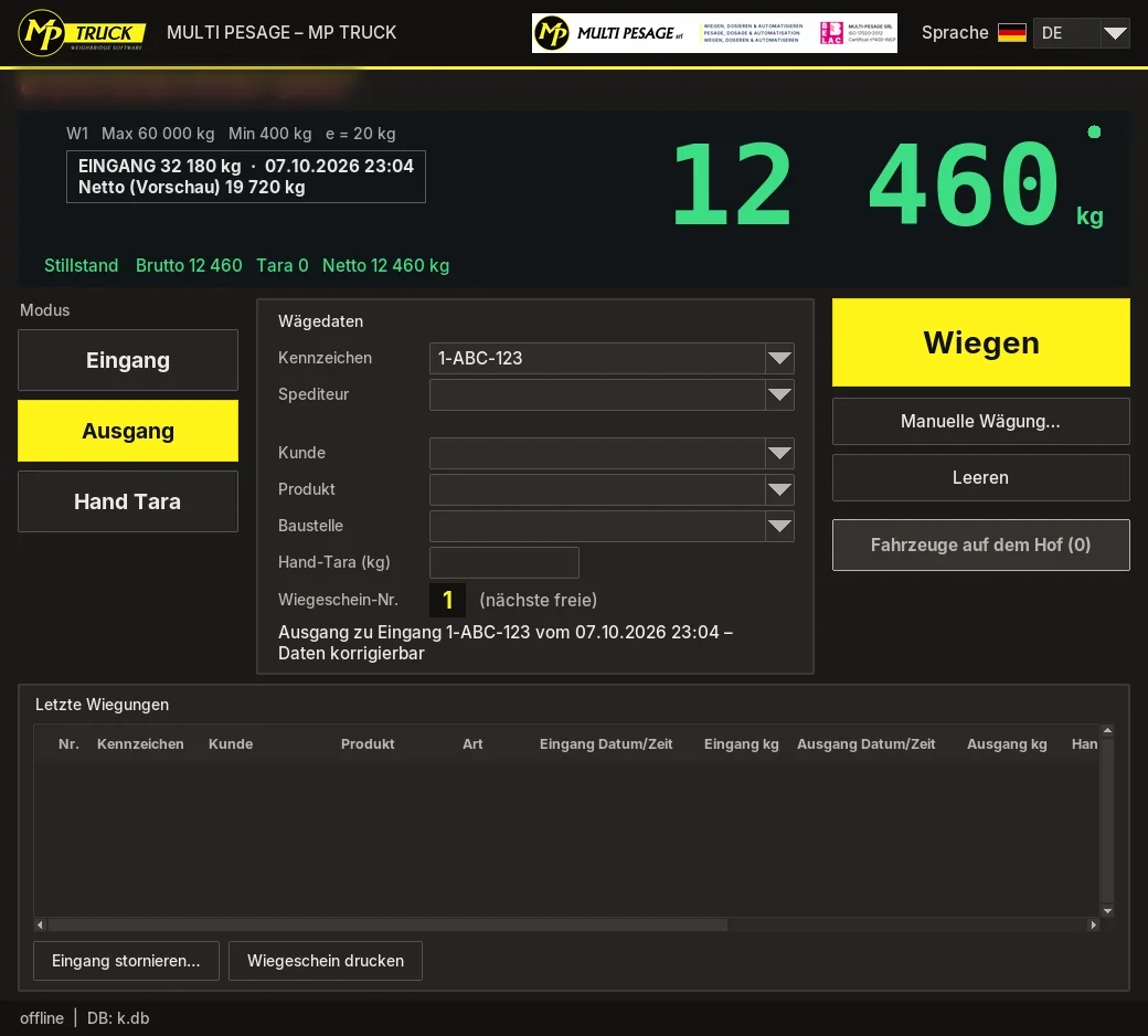 MP TRUCK Hauptfenster mit Gewichtsanzeige, Modus Eingang/Ausgang/Hand Tara und Wägedaten