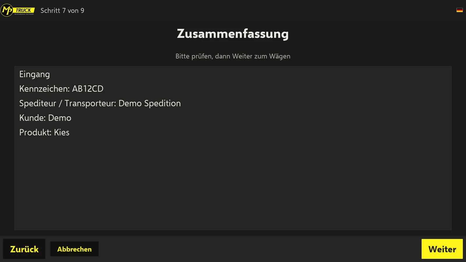 MP TRUCK Selbstbedienung – Zusammenfassung vor dem Wägen